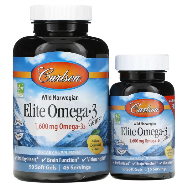 Carlson Elite Omega-3 Gems 1600 mg 90+30 softgels (Натуральный лимонный вкус)
